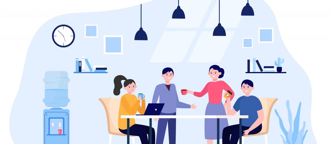 Office people drinking coffee during lunch break. Employees meeting and talking in company kitchen. Vector illustration for work break, teamwork concept