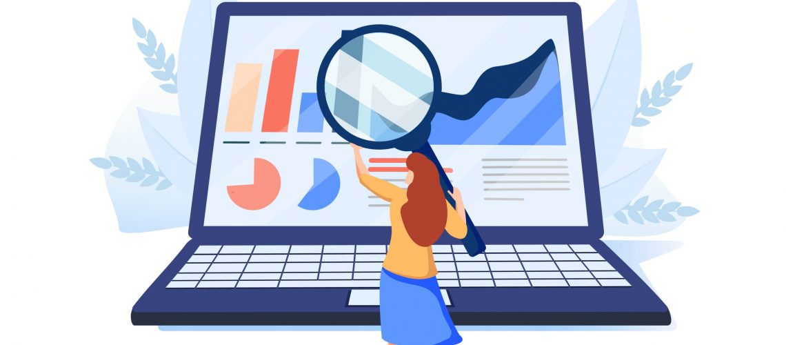 Woman looking at indicators on laptop screen through magnifying glass. Concept of PС performance or computer system monitoring software. Modern flat colorful vector illustration for banner, poster.